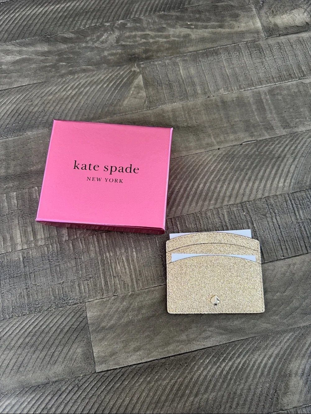 kate spade Gold Glitter Cardholder with Pink Box